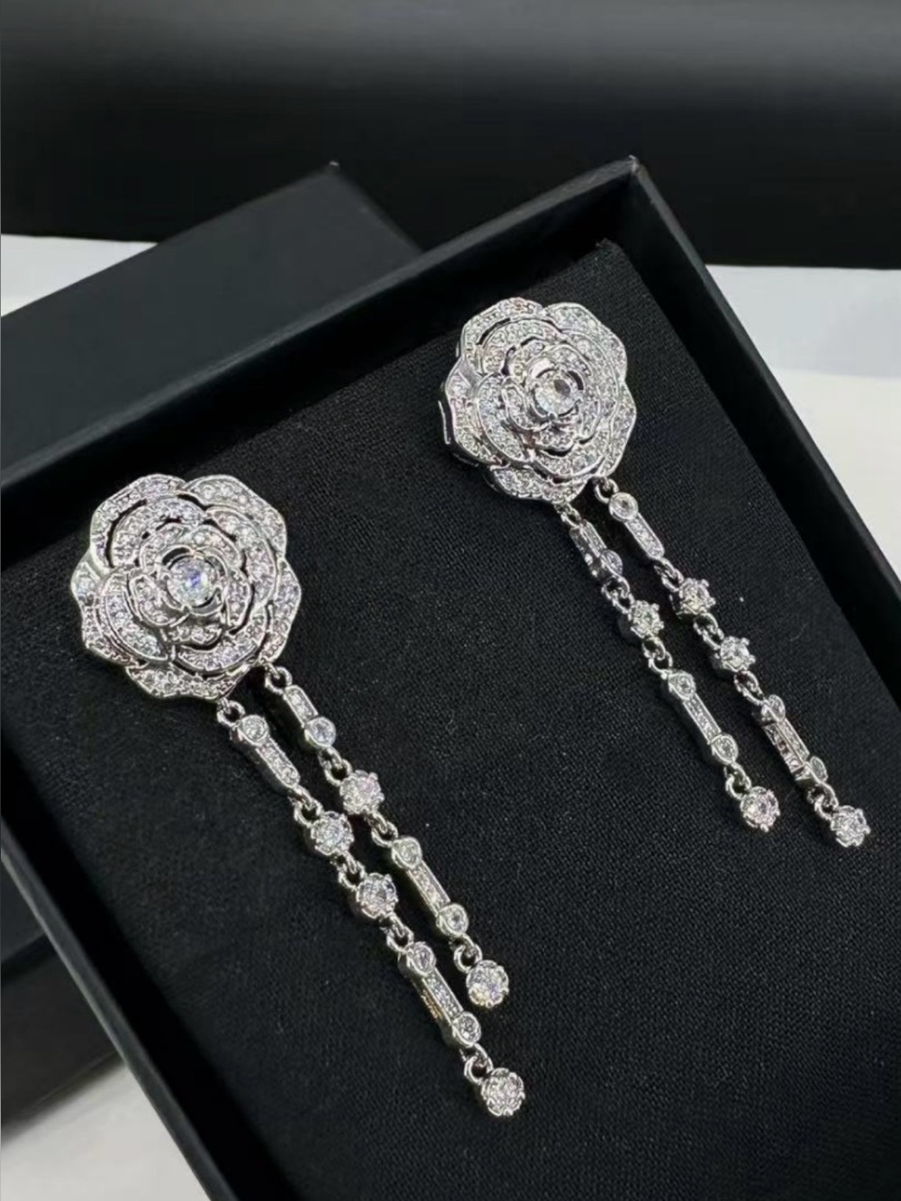 Double C Faux Crystal Camellia Dangle Earrings for Pierced Ears